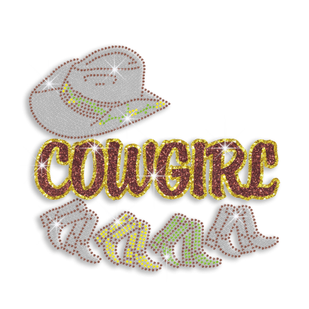 Cool Cowgirl with Hat & Boots Iron-on Glitter Rhinestone Transfer
