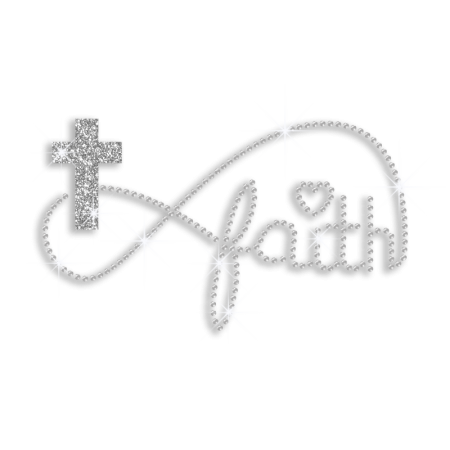 Silver Cross Faith Heart Iron-on Glitter Rhinestone Transfer