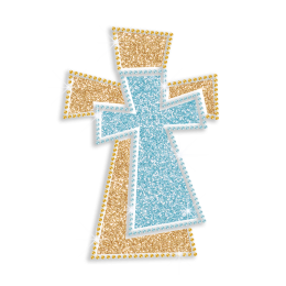 Gold & Aqua Cross Heat Press Glitter Rhinestone Transfer