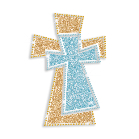 Gold & Aqua Cross Heat Press Glitter Rhinestone Transfer