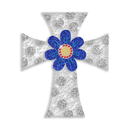 Bling Cross with Flower Iron-on Glitter Rhinestone Transfer