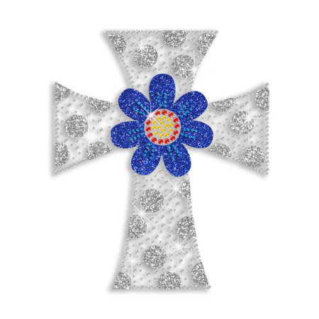 Bling Cross with Flower Iron-on Glitter Rhinestone Transfer
