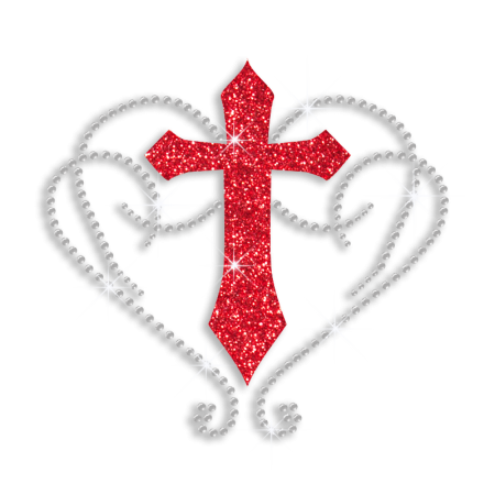 Red Cross Encircled with Heart Iron-on Rhinestone Transfer