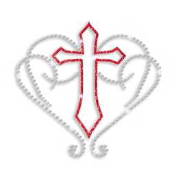 Hollowed Red Cross Encircled with Heart Iron-on Rhinestone Transfer