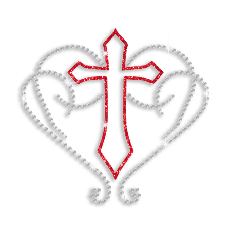 Hollowed Red Cross Encircled with Heart Iron-on Rhinestone Transfer
