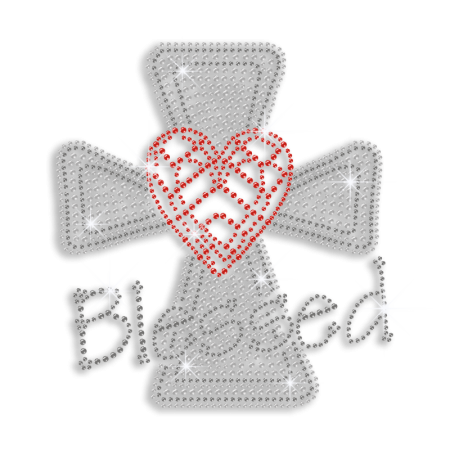 Shiny Cross with Blessed Heart Iron-on Rhinestone Transfer