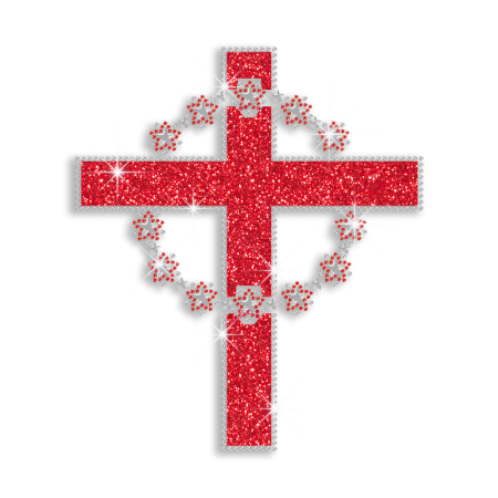 Red Cross with Garland Iron-on Glitter Nailhead Rhinestone Transfer