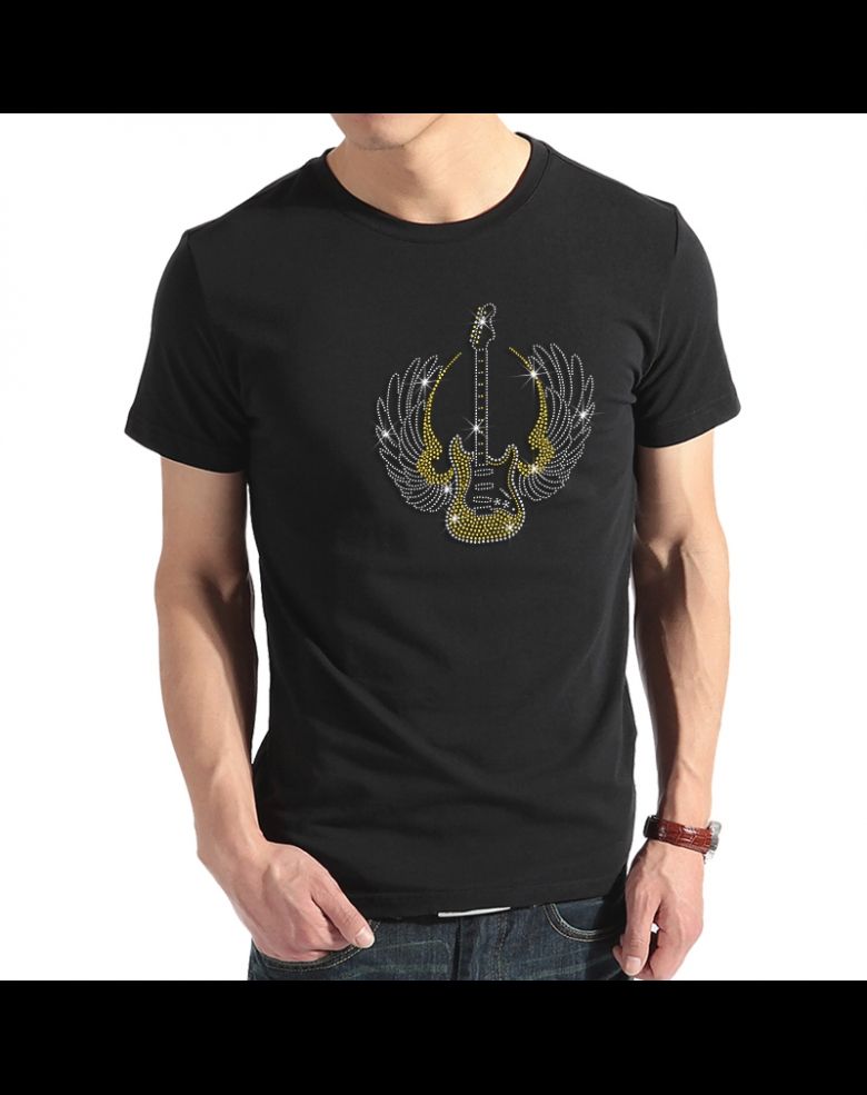 Sparkling Guitar with Wings Men's Rhinestone Round Neck T Shirt