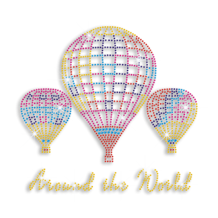 Colorful Travel Around the World by Balloon Iron on Rhinestone Transfer