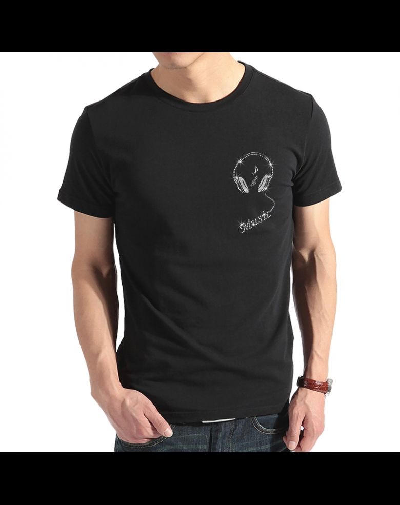Men's Rhinestone T Shirt with Bling Headphone And Music Desgn