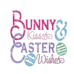 Bunny Kisses Easter Wishes Iron on Glitter Rhinestone Transfer Decal