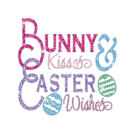 Bunny Kisses Easter Wishes Iron on Glitter Rhinestone Transfer Decal