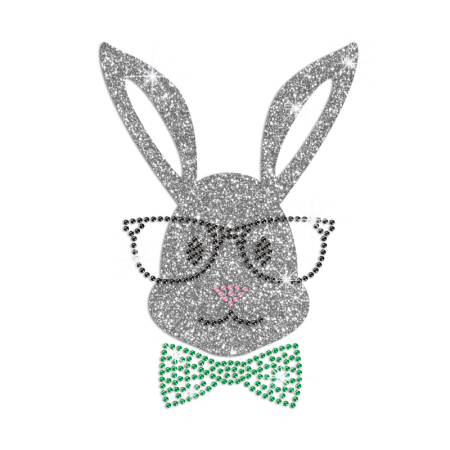 Glittering Bunny with Glasses Iron on Rhinestone Transfer Motif