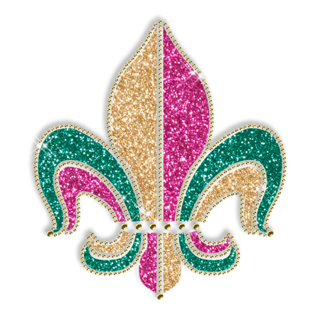 Best Custom Sparkle Fleur De Lis in Gold Green and Purple Rhinestone Iron on Transfer Design for Clothes