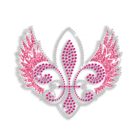 Pretty Pink Fleur De Lis with Wings Iron-on Glitter Rhinestone Transfer