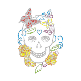 Cool Skull Meets Flowers Iron-on Rhinestone Transfer