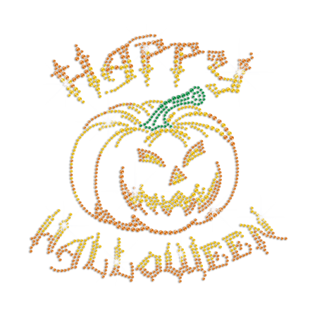 Happy Halloween Pumpkin Iron on Rhinestone Transfer