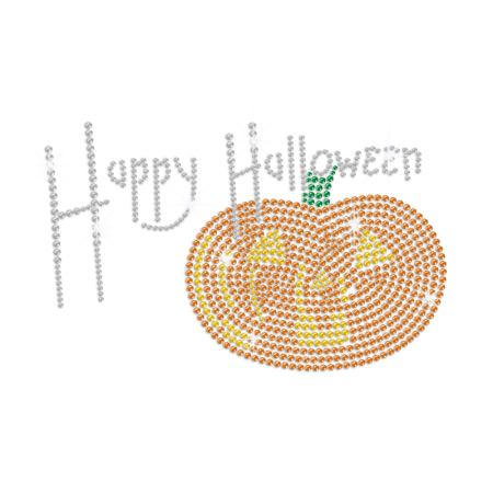 Happy Halloween with Bling Pumpkin Iron on Rhinestone Transfer Decal