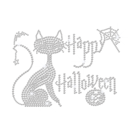 Crystal Happy Halloween with A Cute Kitty Rhinestone Iron On