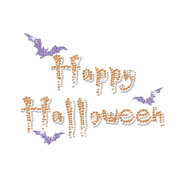 Happy Halloween with Glittering Bat Iron on Rhinestone Transfer Motif