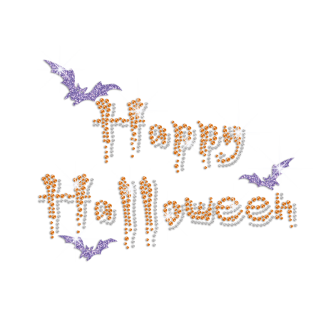 Happy Halloween with Glittering Bat Iron on Rhinestone Transfer Motif