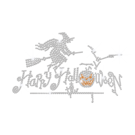 Crystal Happy Halloween with Witch Iron on Rhinestone Transfer Decal