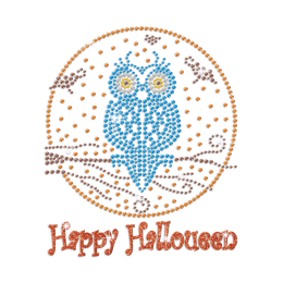 Glittering Happy Halloween with Owl Iron on Rhinestud Transfer Decal