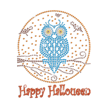 Glittering Happy Halloween with Owl Iron on Rhinestud Transfer Decal