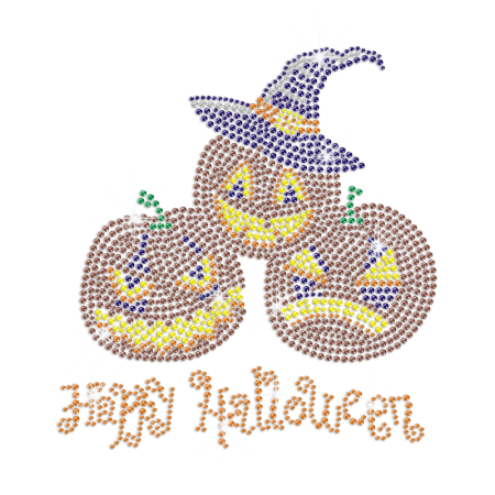 Happy Halloween with Funny Pumpkins Iron on Rhinestone Transfer Motif