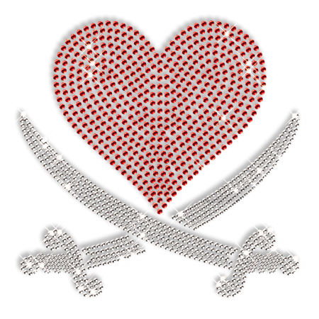 Red Heart with Crossed Sword Custom Rhinestone Iron on