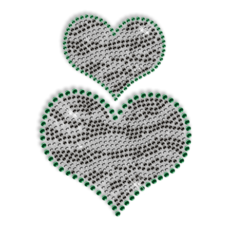 Custom Cute Sparkling Small Heart and Big Heart in Green and Balck Diamante Iron on Transfer Design for Shirts