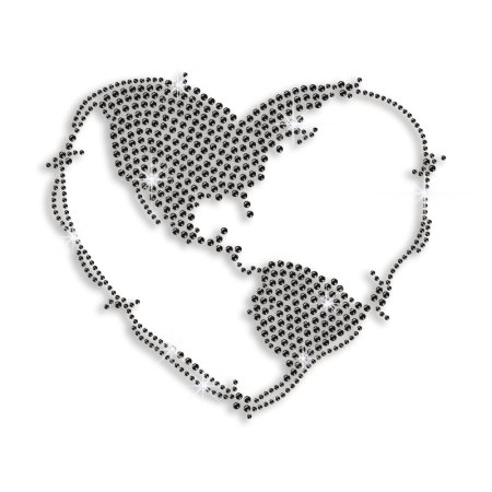 Heart Shape Map Iron-on Black Rhinestone Transfer