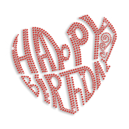 Heart Shaped Happy Birthday Iron on Rhinestone Transfer