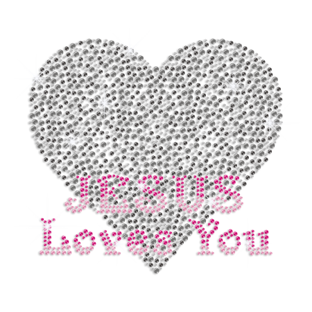 Jesus Love You with Heart Iron on Rhinestone Transfer Design