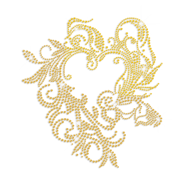 Elegant Golden Flowery Heart Frame Iron on Rhinestone Transfer