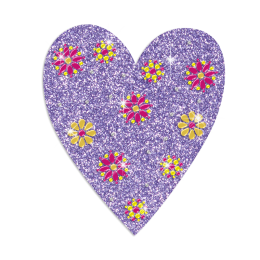 Purple Heart with Flowers Iron on Glitter Rhinestone Transfer