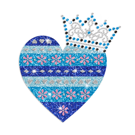Blue Heart with Crown Iron-on Glitter Nailhead Rhinestone Transfer