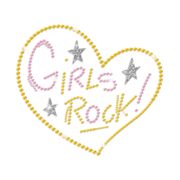 Girls Rock Strong Heart Iron on Rhinestone Transfer