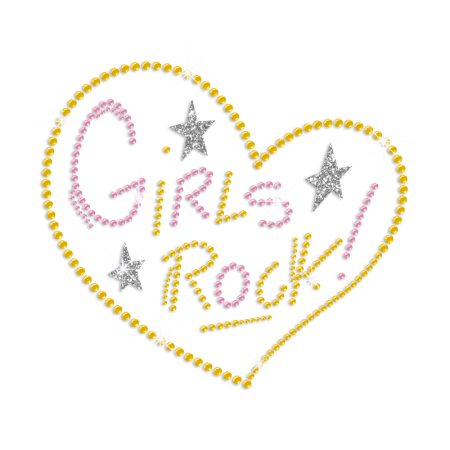 Girls Rock Strong Heart Iron on Rhinestone Transfer