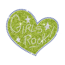 Green Heart Girls Rock Iron-on Glitter Rhinestone Transfer