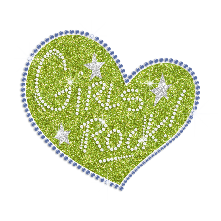 Green Heart Girls Rock Iron On Glitter Rhinestone Transfer Cstown