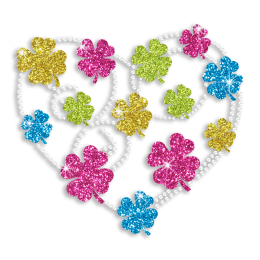 Vegas Show Heart with Clovers Iron on Glitter Rhinestone Transfer