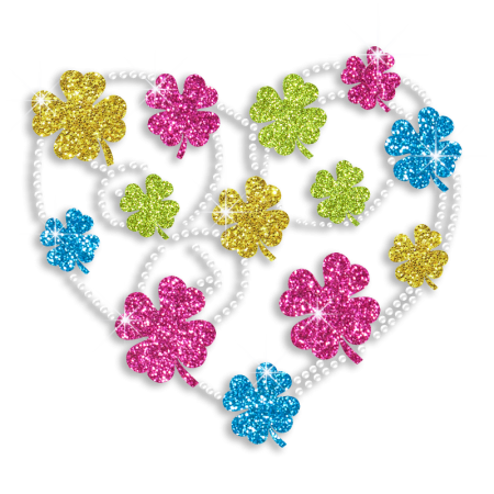 Vegas Show Heart with Clovers Iron on Glitter Rhinestone Transfer