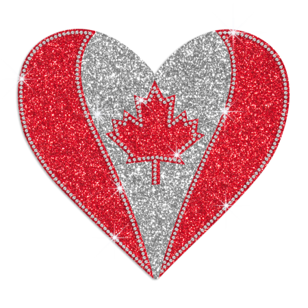 Shimmery Heart Canadian Flag Glitter Rhinestone Iron-on Transfer