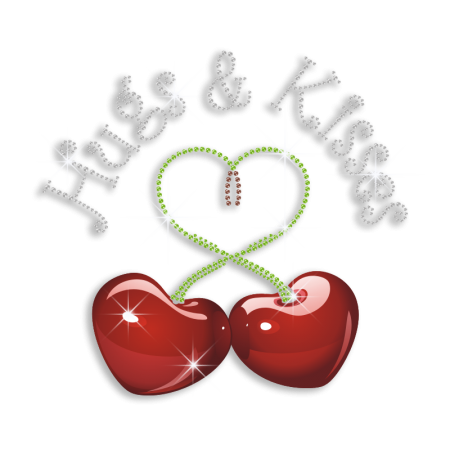 Trendy Cherry Heart Hugs & Kisses Iron-on Rhinestone Heat Transfer