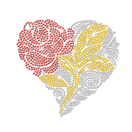 Red Flower in Crystal Heart Iron-on Rhinestone Transfer