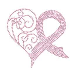 Pink Heart & Ribbon Love Iron on Metal Rhinestud Transfer