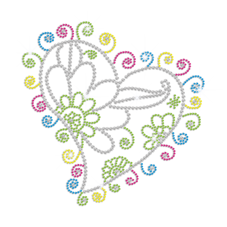 Colorful Floral Heart Iron on Rhinestone Transfer