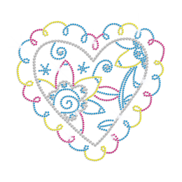 Teal Blue Floral Heart Iron on Rhinestone Transfer