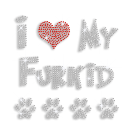 I Heart My Furkid Paw Print Iron-on Rhinestone Transfer